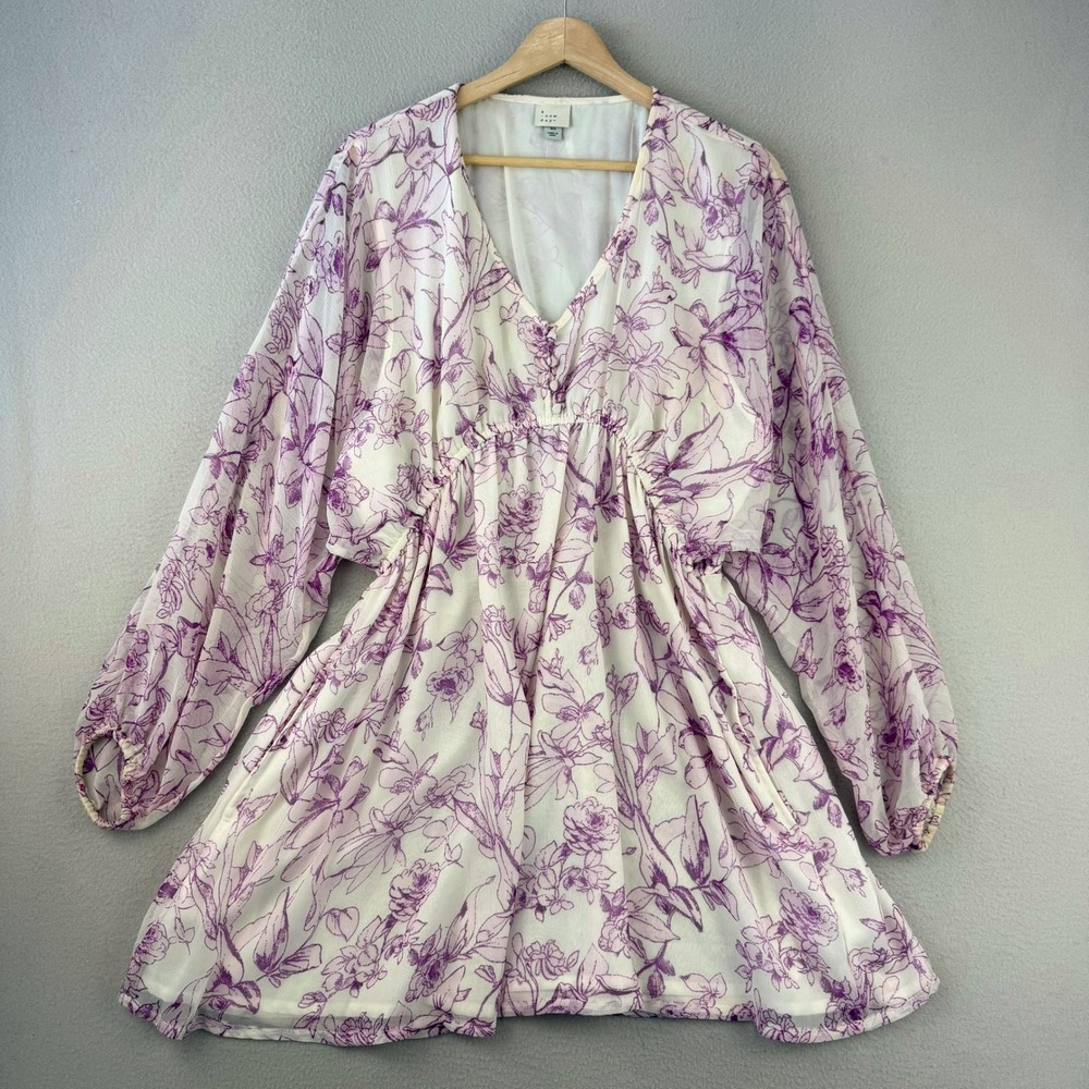 A New Day Floral Mini Dress Women XS Purple White Boho V-Neck Long Sleeve